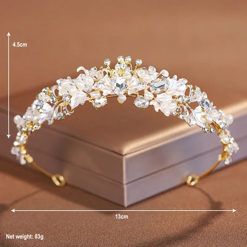 Women's pearl crown headdress with electroplated alloy construction in gold or silver colour