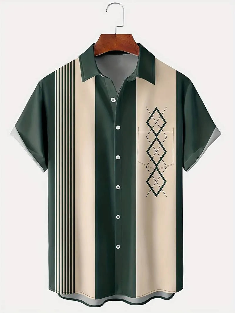 Man wearing a loose-fit contrast plaid short sleeve shirt in cardigan style.
