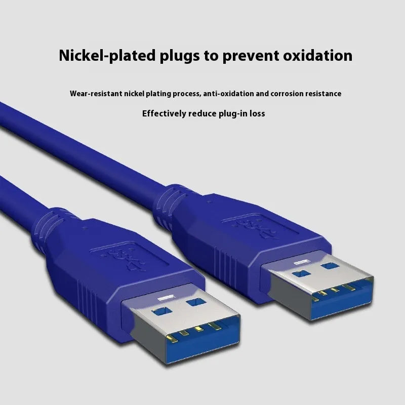 USB 3.0 male-to-male data cable with nickel-plated connectors on a white background