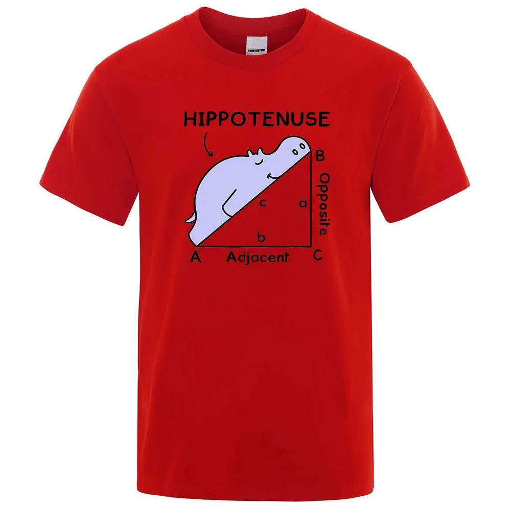 Funny Hippotenuse Opposite Adjacent mathematics print on a loose-fit cotton t-shirt.