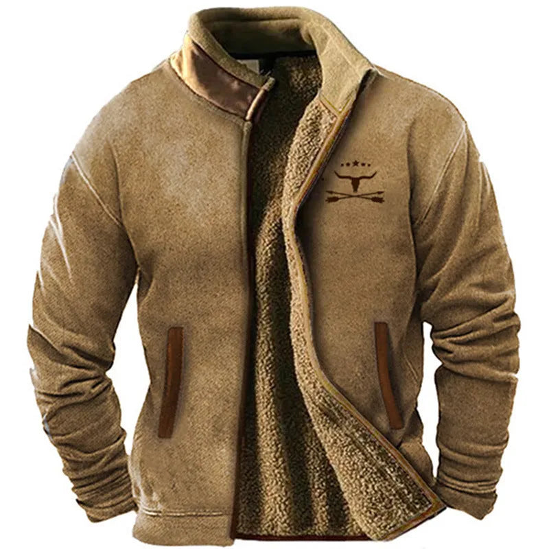 Men's polyester padded coat in regular length on a hanger, available in blue, green and light brown.