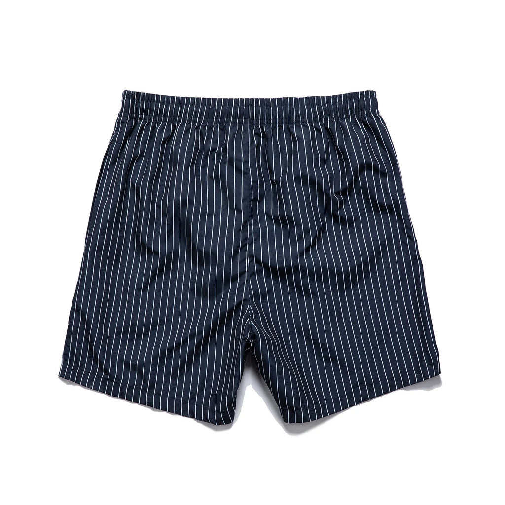 Striped casual shorts in light blue, shown front-on, with straight leg opening.