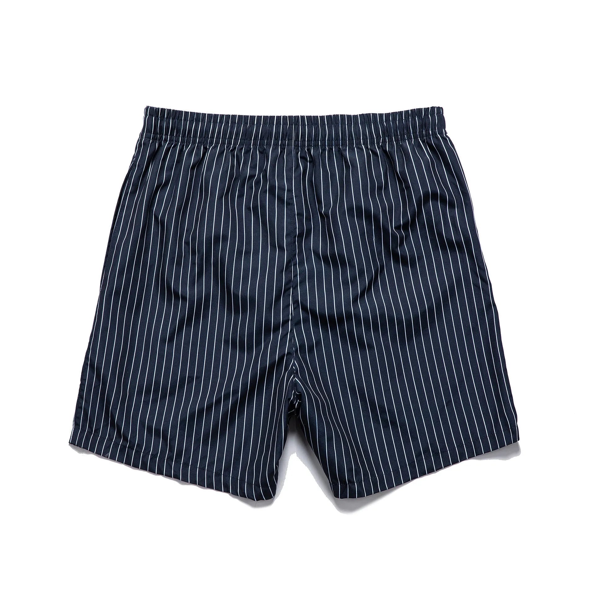 Striped casual shorts in light blue, shown front-on, with straight leg opening.