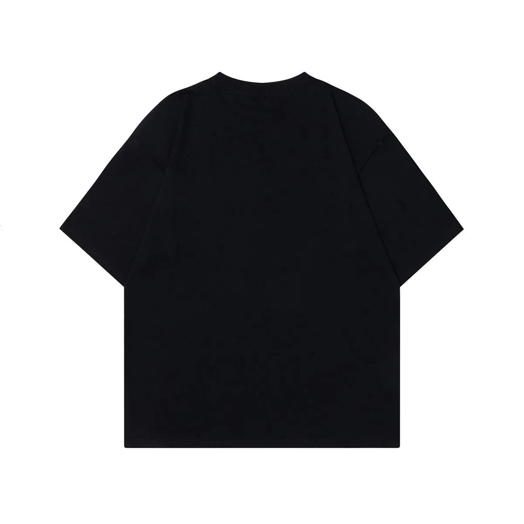 Men's black cotton T-shirt with retro character design showing front and back views