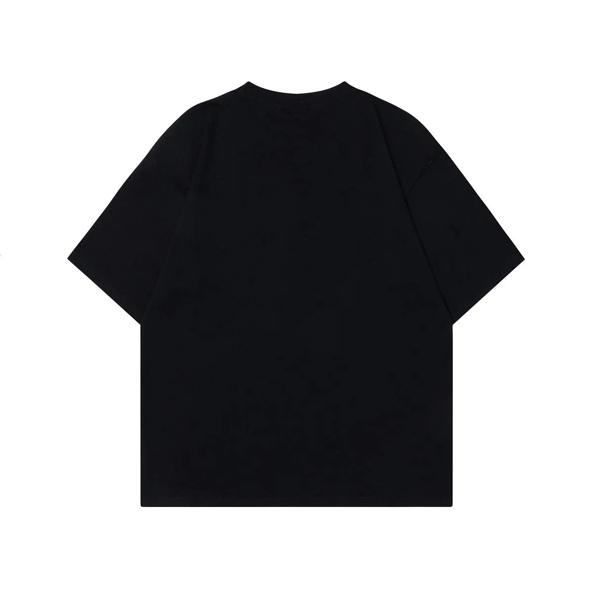 Men's black cotton T-shirt with retro character design showing front and back views