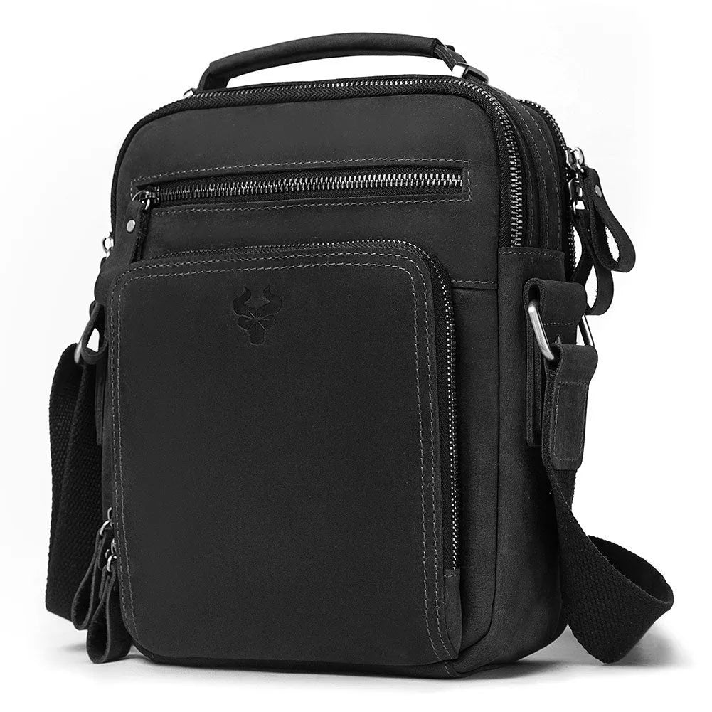 Men's brown leather crossbody bag with single-shoulder design showing sewing line details and business travel style