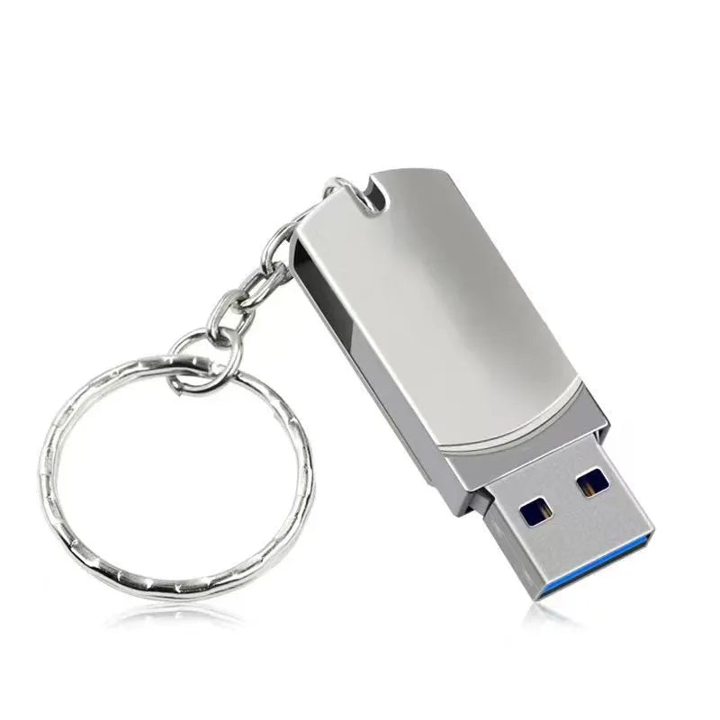 White metal rotating USB flash drive showing compact size next to protective pp bag