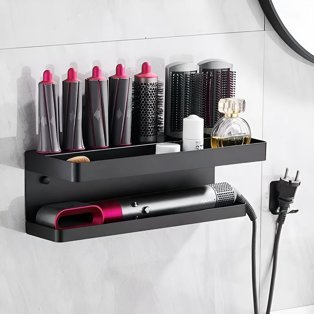 White punch-free Marcel waver shaped bathroom storage rack with two aluminium tiers for hair curler organisation