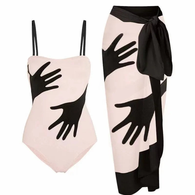 Women's patterned polyester bikini swimsuit with removable tulle skirt in available sizes