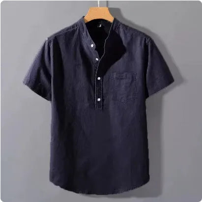 Men's casual linen shirt with stand collar and short sleeves in slub cotton fabric, loose fit
