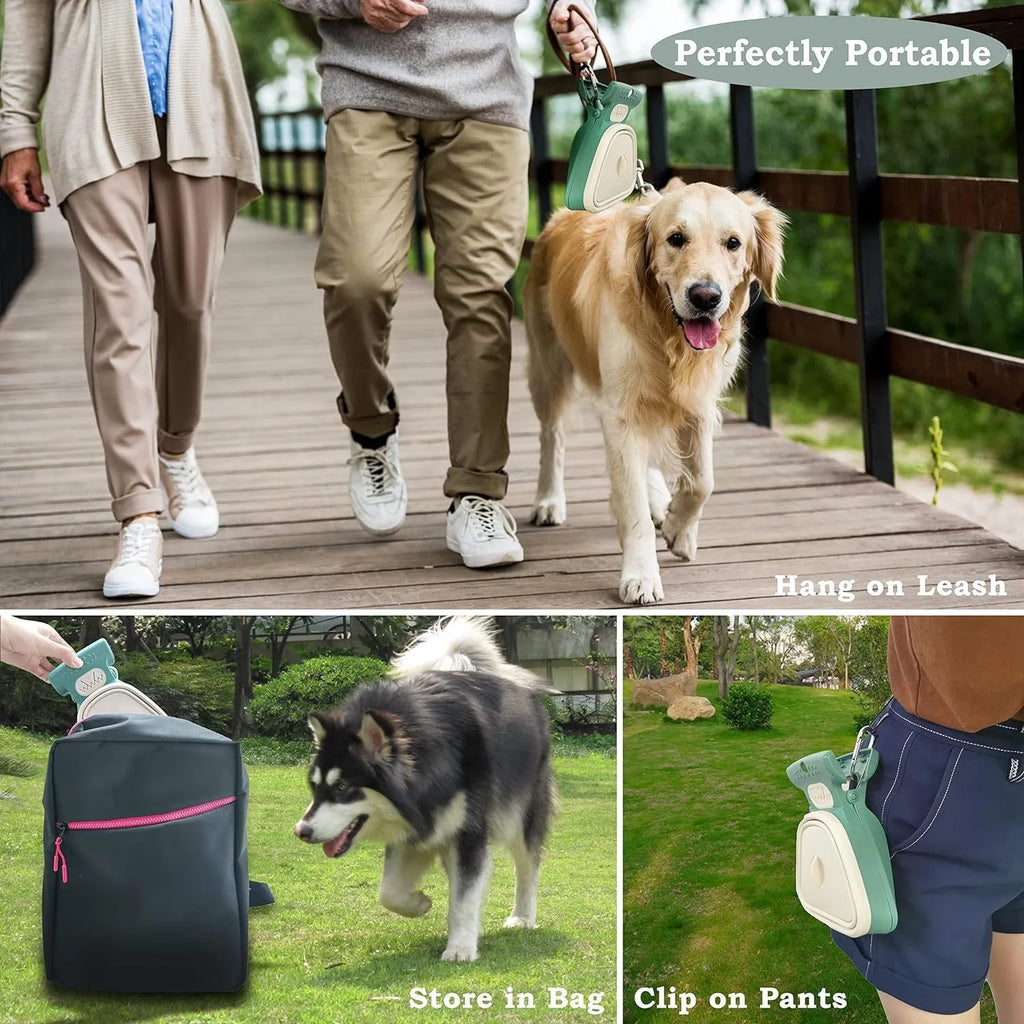 Handheld portable pooper scooper with expandable container and clip for dog waste collection in blue green grey or yellow