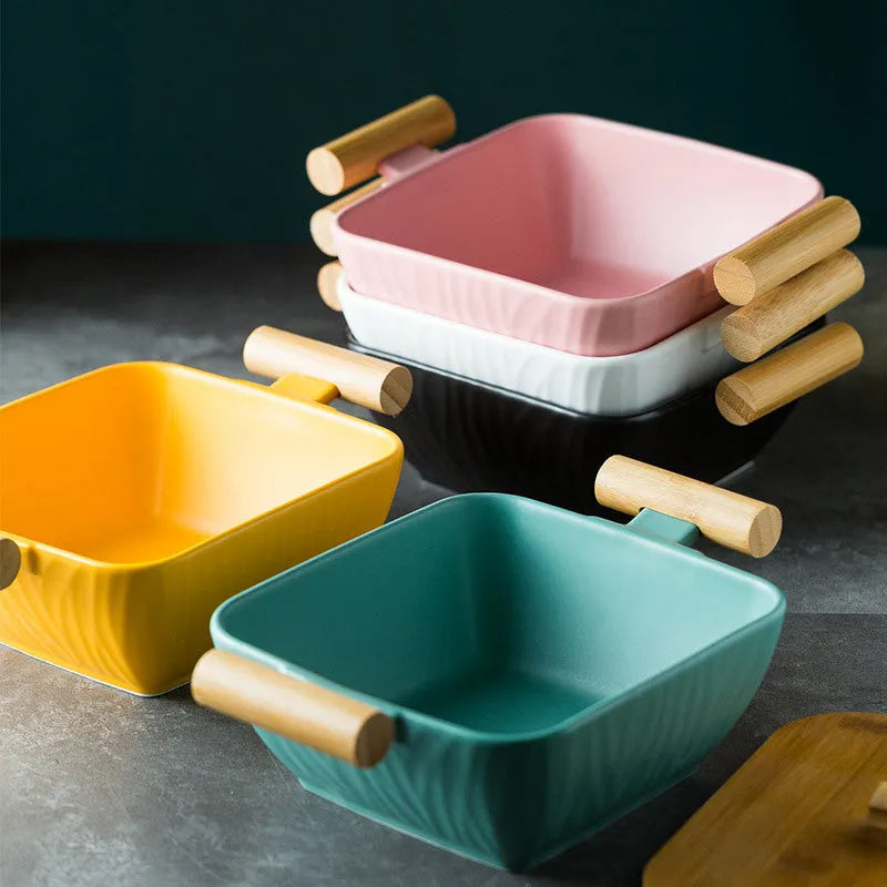 Modern porcelain ceramic serving bowl with lid in irregular shape design