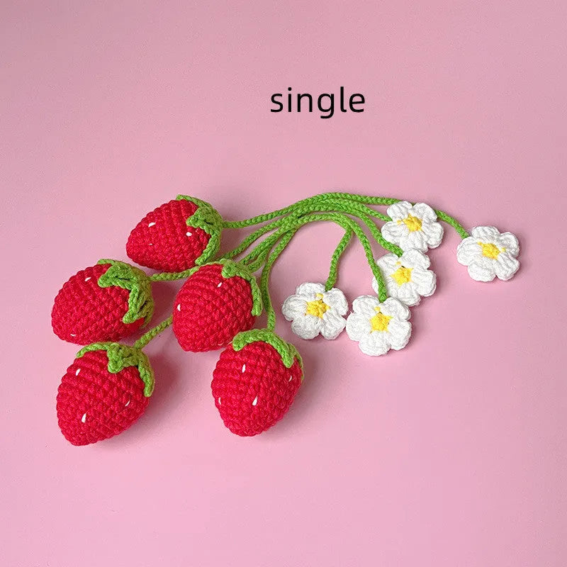 Wool crochet strawberry pendant with 35cm cord, knitted wool construction in pink or red colour