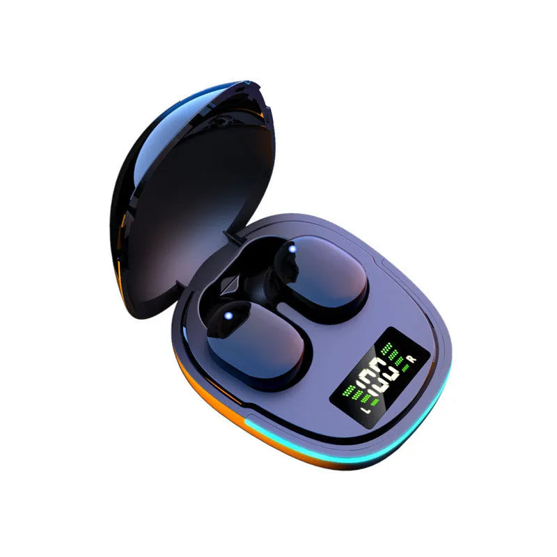 Black true wireless Bluetooth earbuds with charging case and ear tips