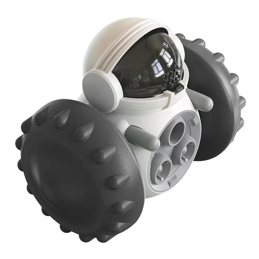 Self-balancing dog treat dispenser toy in robot design for interactive pet play