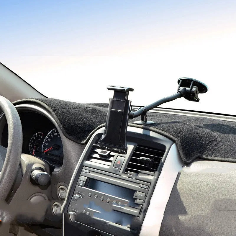 Black vehicle-mounted tablet holder with suction cup for 4-12 inch devices on car dashboard