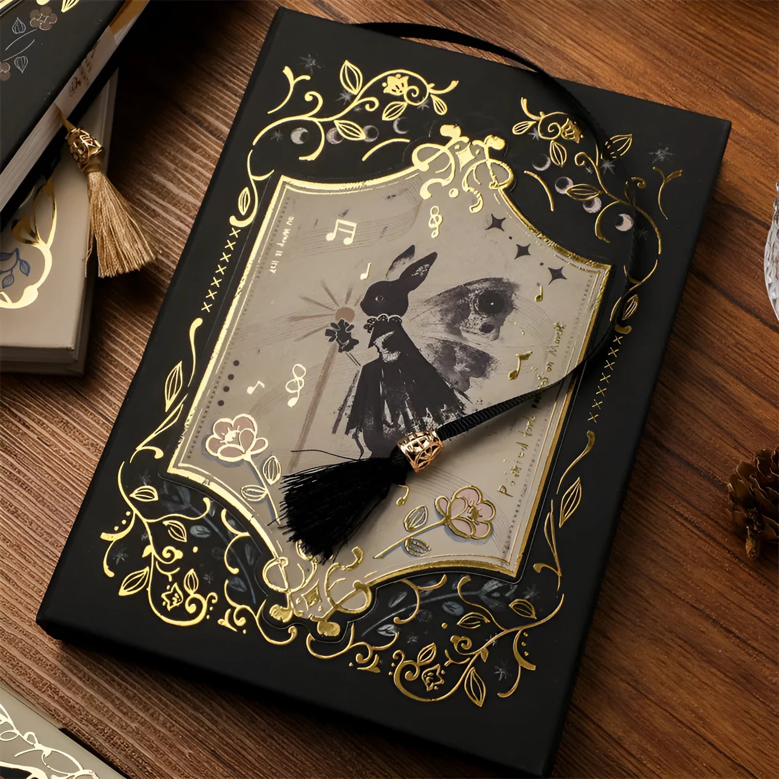A5 hardcover notebook with gothic retro art cover, open to show 40g wood pulp paper.