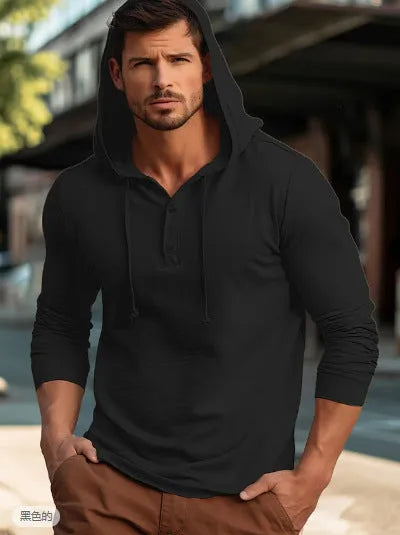 Men's dark blue cotton pullover hoodie with long sleeves on a mannequin