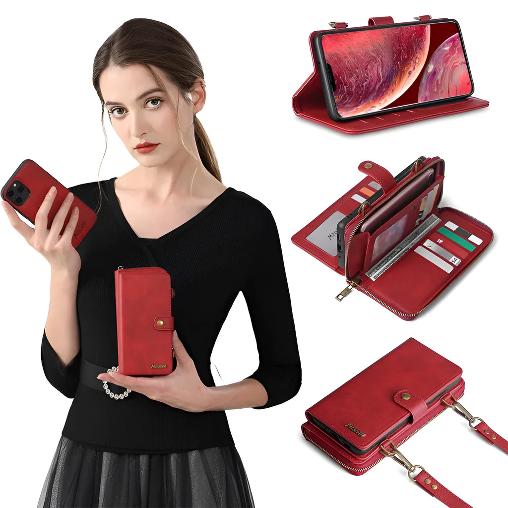 Black detachable leather wallet flip phone case for Samsung Galaxy Note and iPhone, showing separable design.