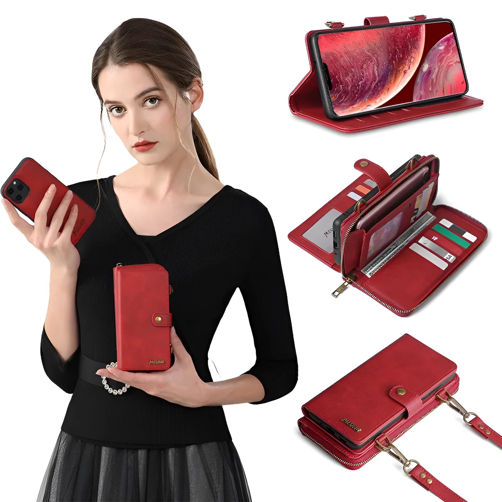 Black detachable leather wallet flip phone case for Samsung Galaxy Note and iPhone, showing separable design.