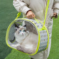 Transparent hard-shell cat backpack carrier showing interior space with colour options