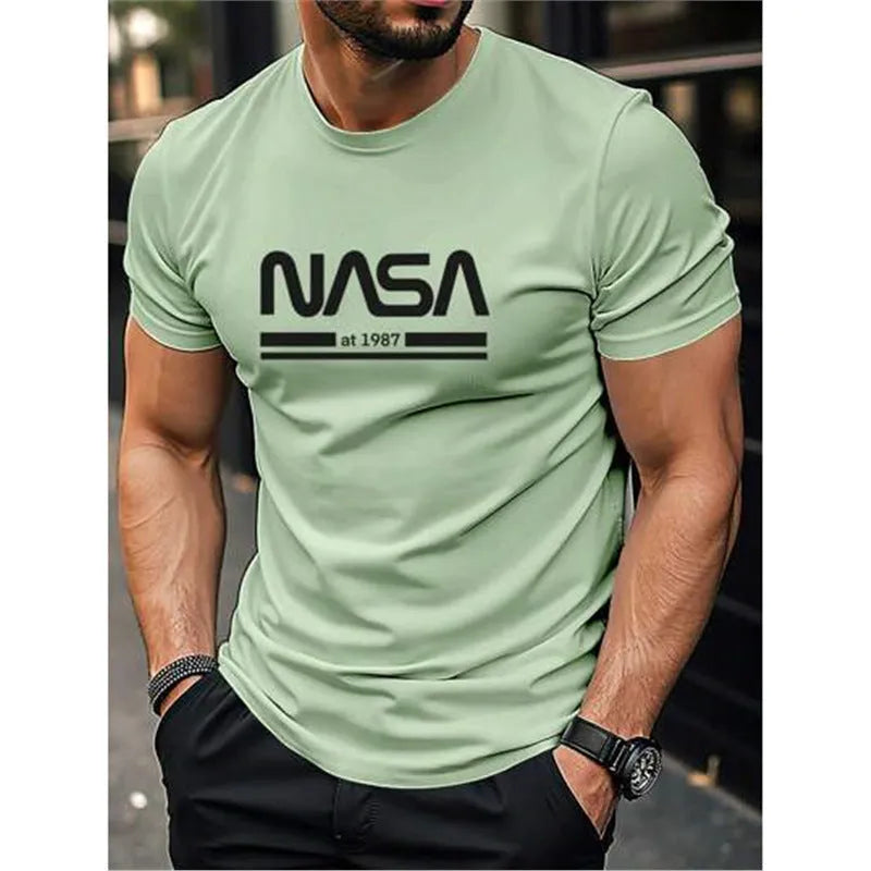 Men's slim-fit short sleeve cotton t-shirt in a straight cut, shown in a selection of available colours.