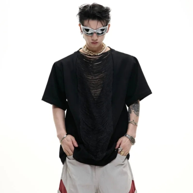 Men's black hollow-out V-neck T-shirt with loose fit and three-dimensional cutting