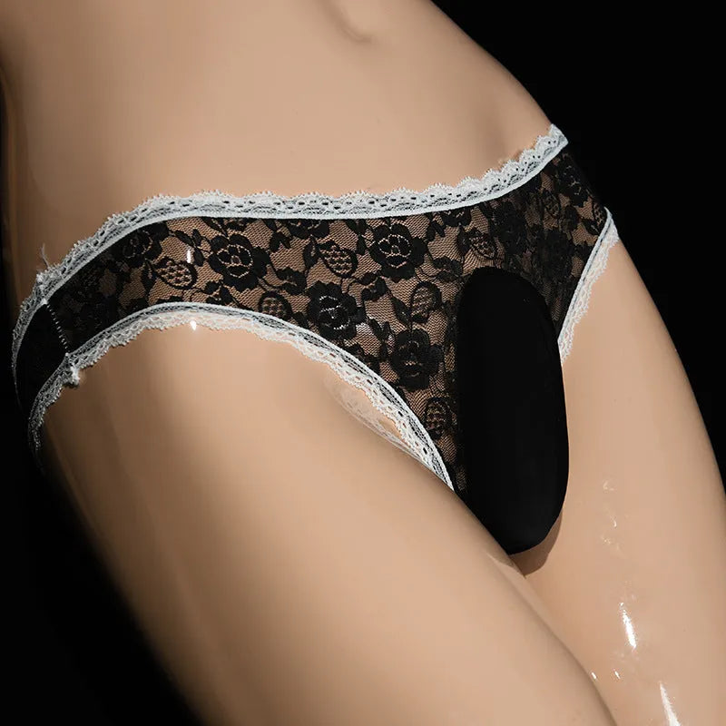 Men's black lace triangle briefs with vertical pouch design and low waist
