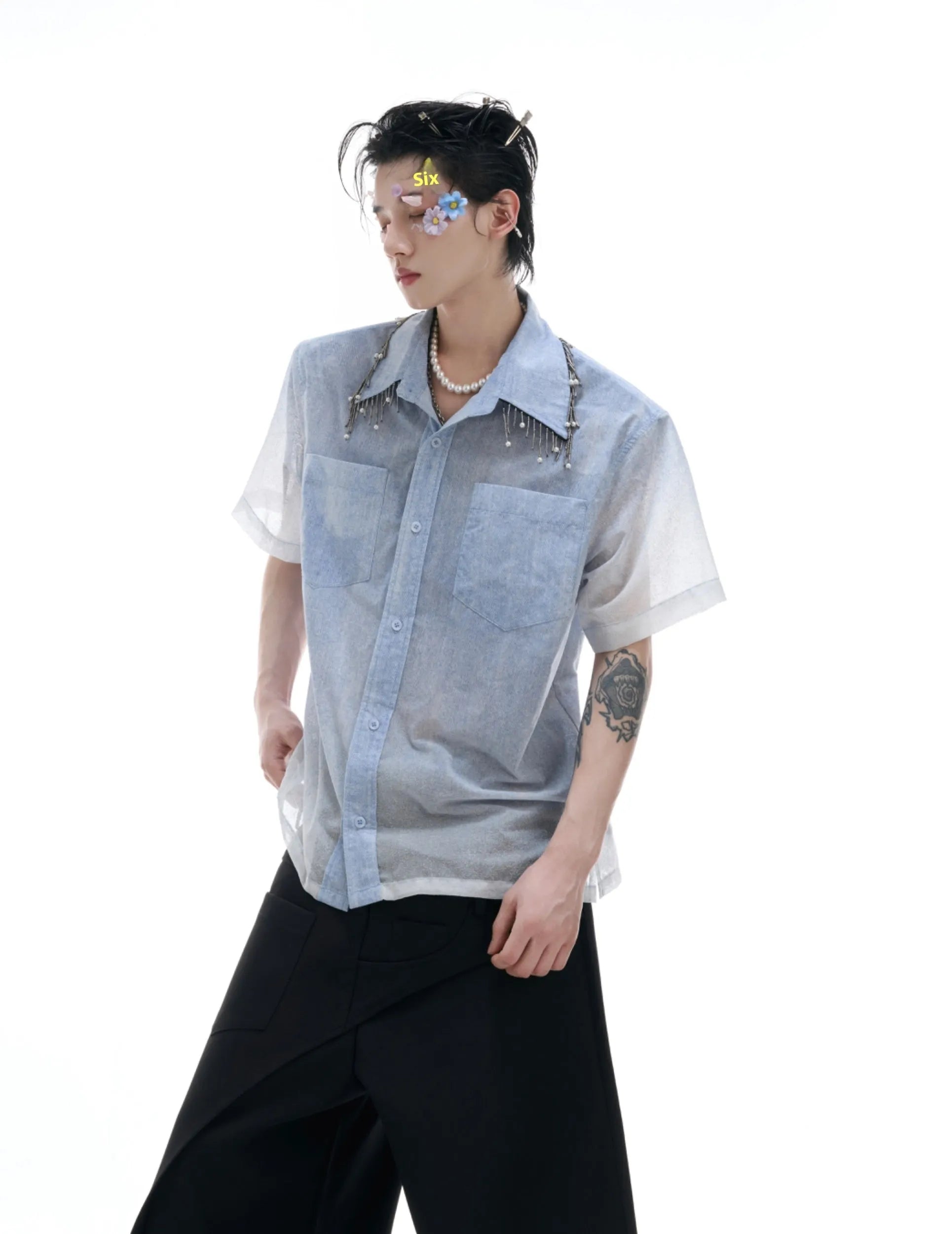 Blue and white gradient short sleeve shirt with loose fit summer design
