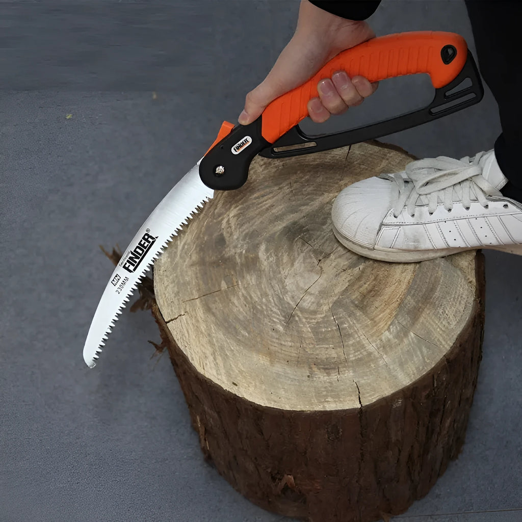 Folding garden saw with extended 230mm steel blade and black TPR grip, shown in open and closed positions.