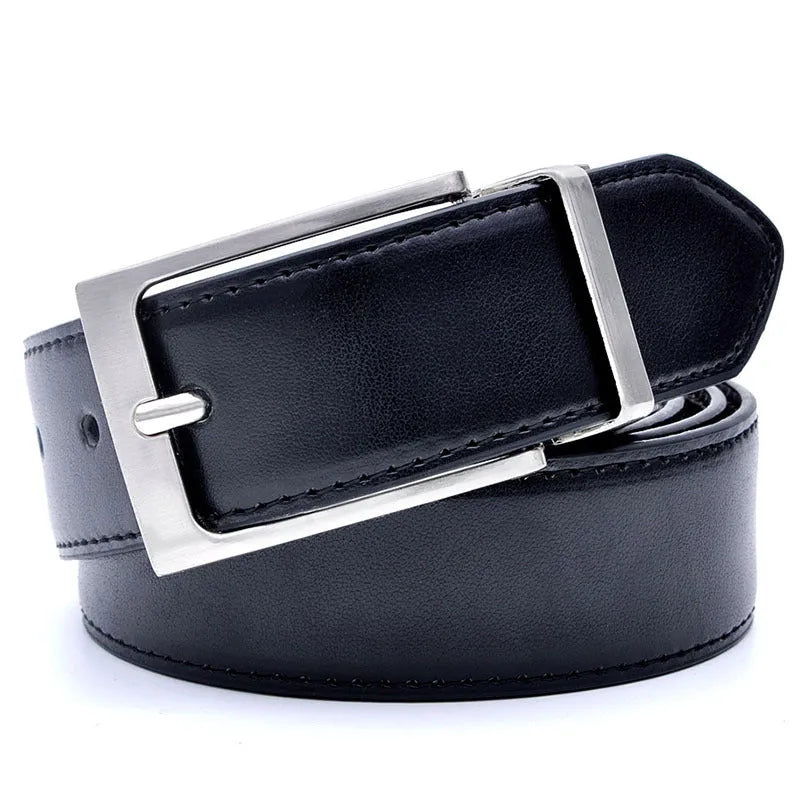 Men's brown and black genuine leather casual belt with rotating pin buckle showing length sizing options