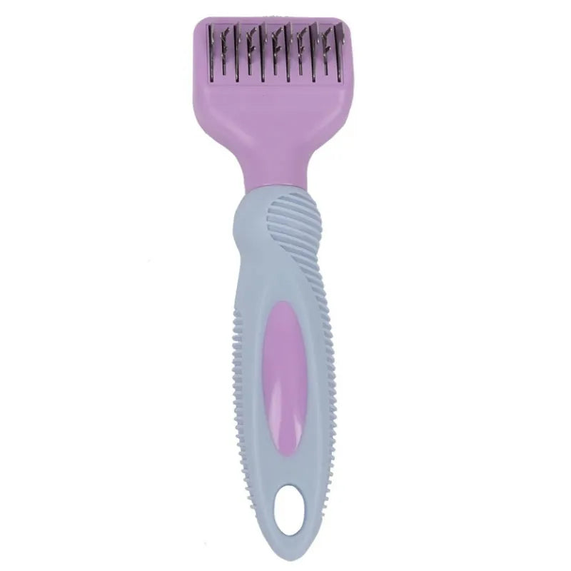 170mm stainless steel pet grooming comb in pink colour with detangling blades