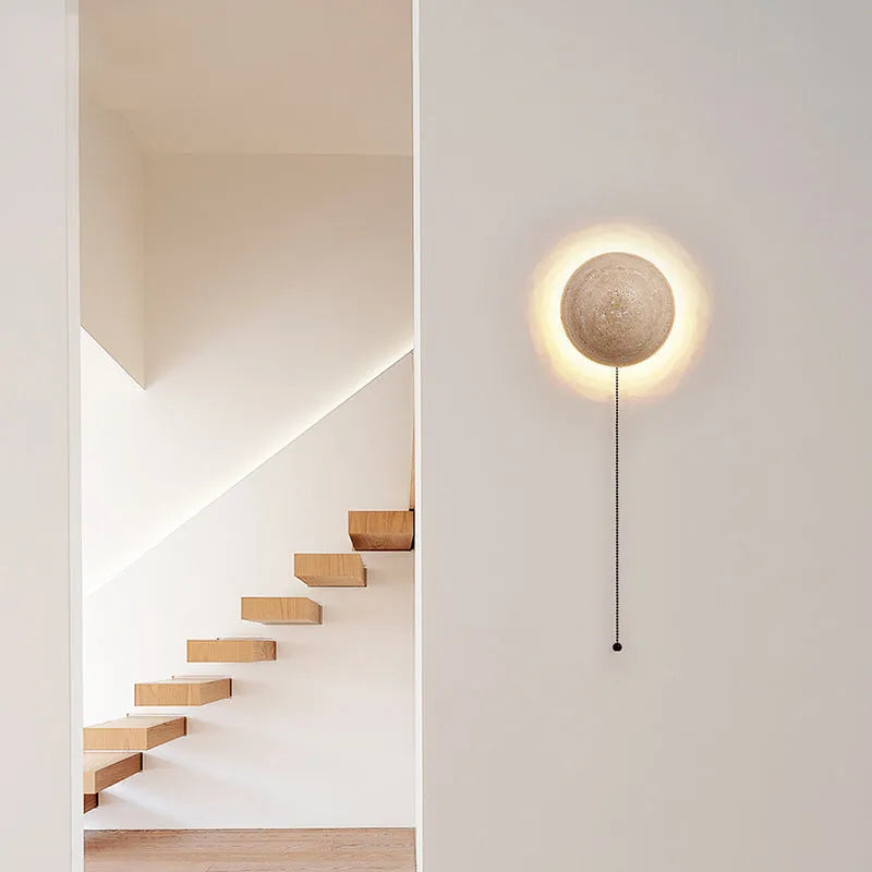 Yellow cave stone semicircle wall lamp with pull switch and iron construction