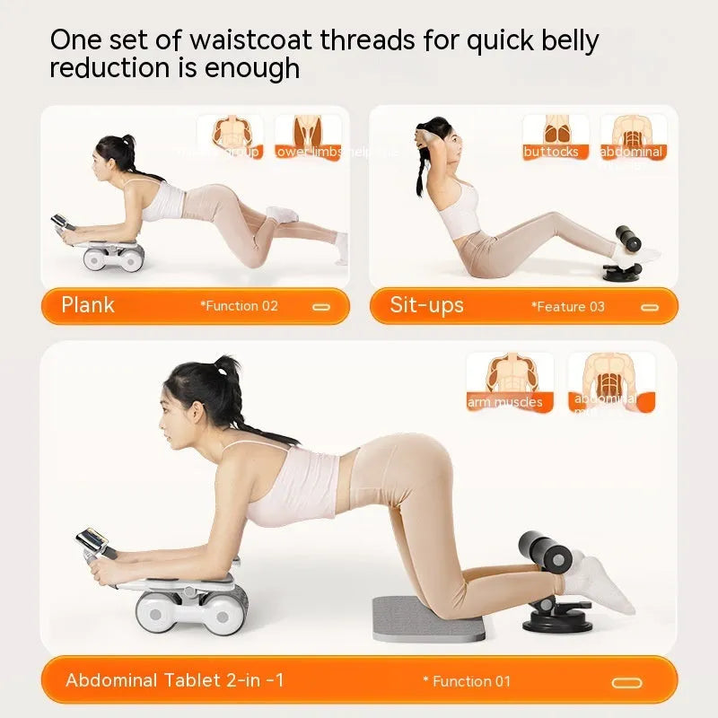 White belly roller fitness equipment with LED screen displaying timing and calorie count