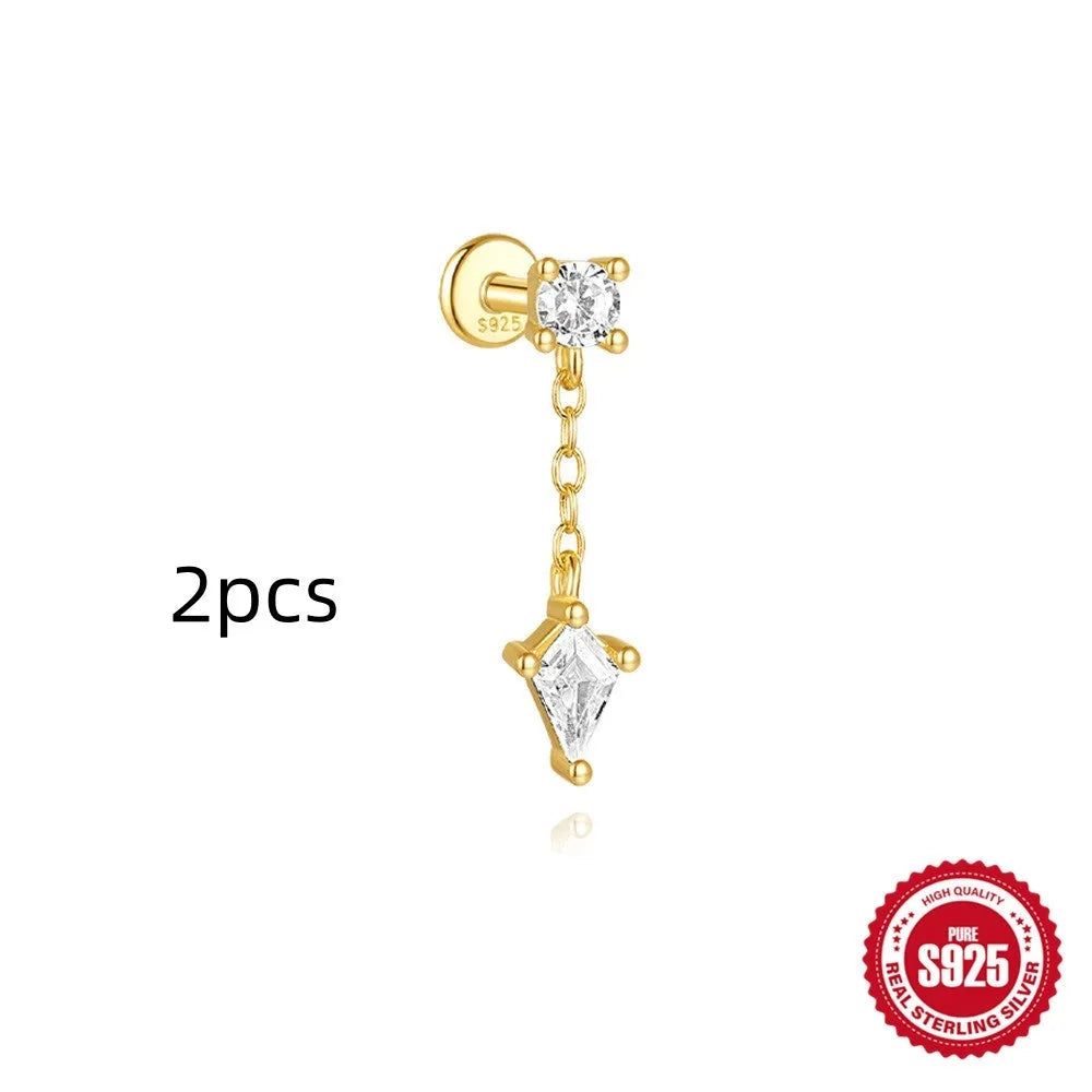 S925 sterling silver geometric kite earring with rhinestone chain tassel in gold colour.