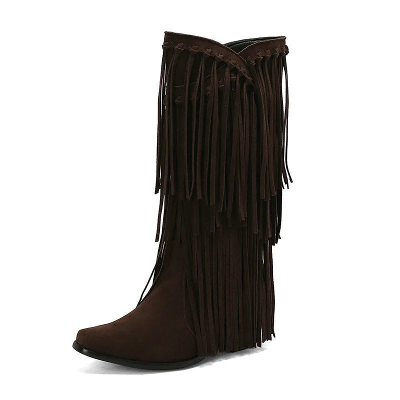 Women's suede mid-calf boots with tassel detail, square toe, and short chunky heel in beige, black, brown, red, and yellow colours.