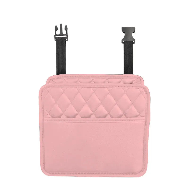 Leather car interior hanging storage bag in colour choice, showing handle and 25cm dimensions.