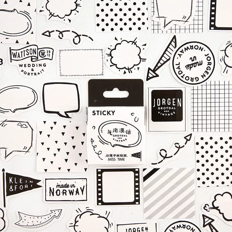 Pack of 46 small colourful cartoon decorative stickers for journals, shown with themed sets.