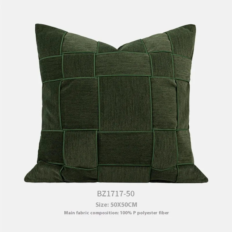 Chenille woven square pillow cushion in beige colour on a sofa