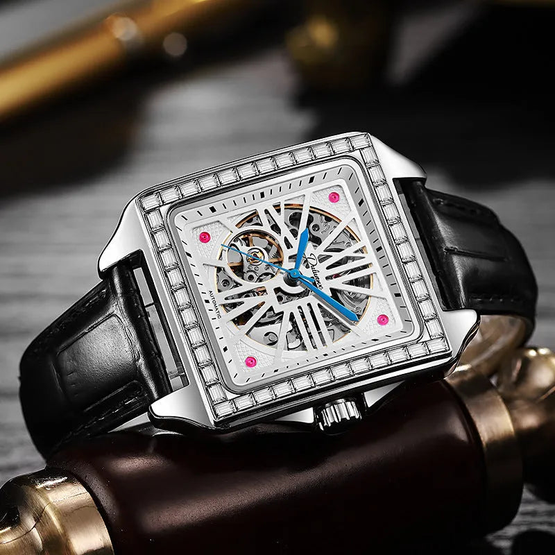 Men's square automatic watch with diamond-studded bezel on steel or leather strap