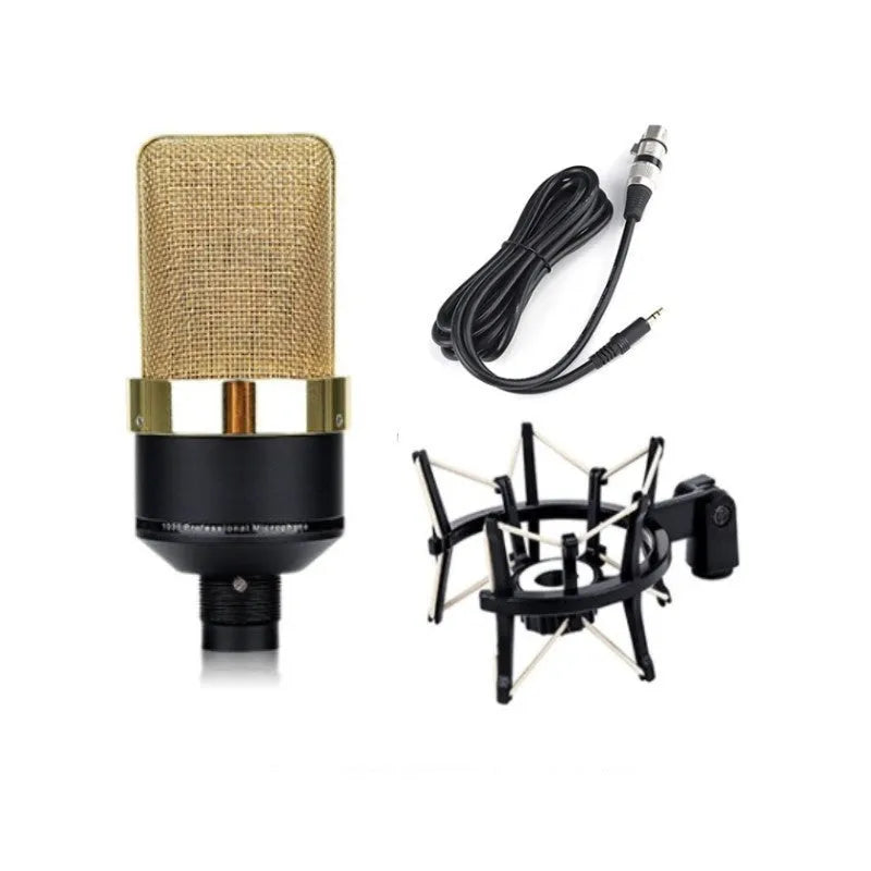 Condenser microphone with cardioid pattern and USB cable on stand