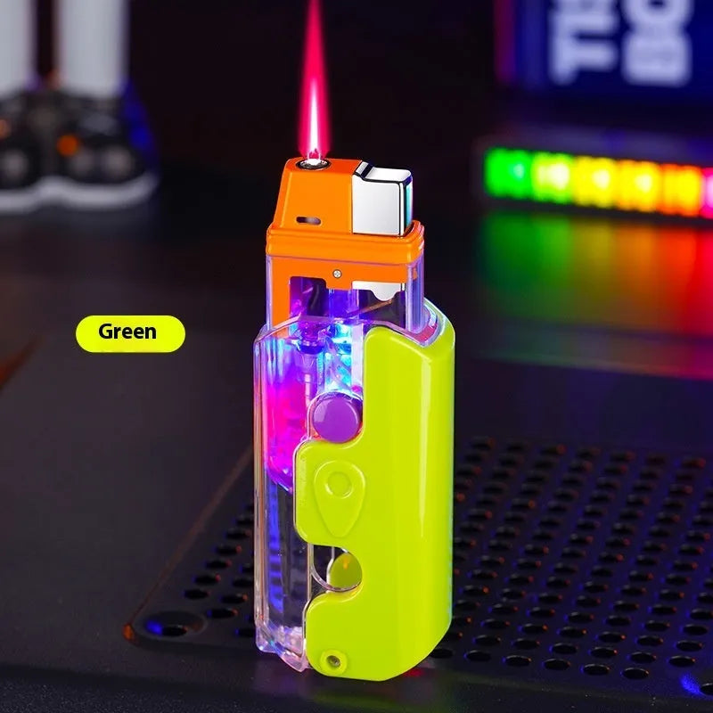 Orange, purple, and green plastic lighter with wind-resistant function on a simple bare metal background.