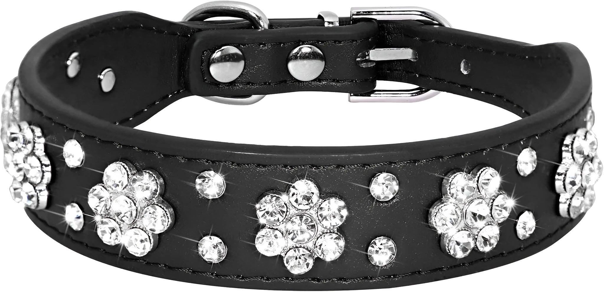 Black PU leather dog collar with rhinestone flower pattern and metal D-ring on a small dog.