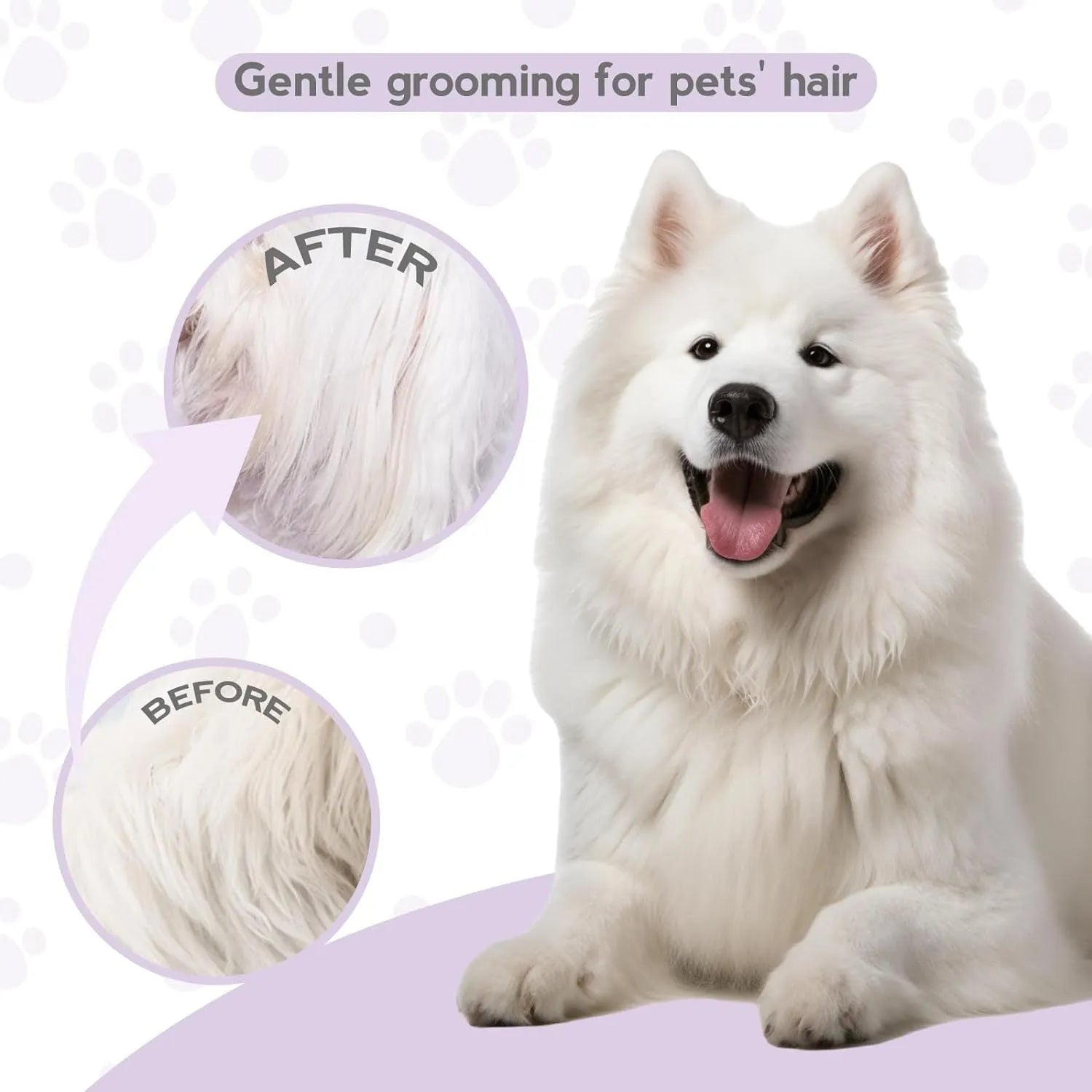 Purple handled pet grooming comb with long and short stainless steel teeth for detangling dog and cat fur.