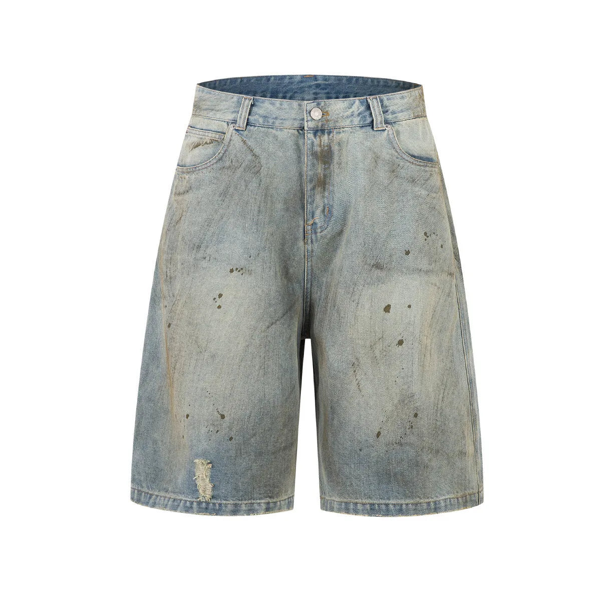 Blue washed denim cropped middle pants with straight leg and zipper fly on a model.