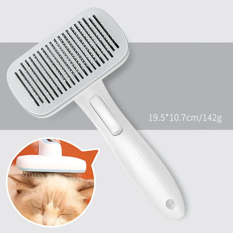 Automatic pet hair removal comb for dogs and cats in blue, grey, green, or pink colour.