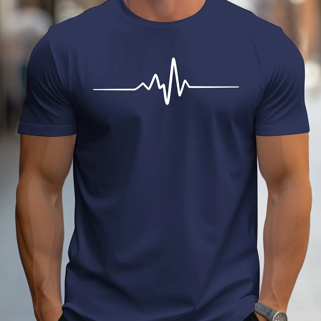 Men's loose fit short sleeve sports T-shirt on a hanger, showing thin polyester fabric.