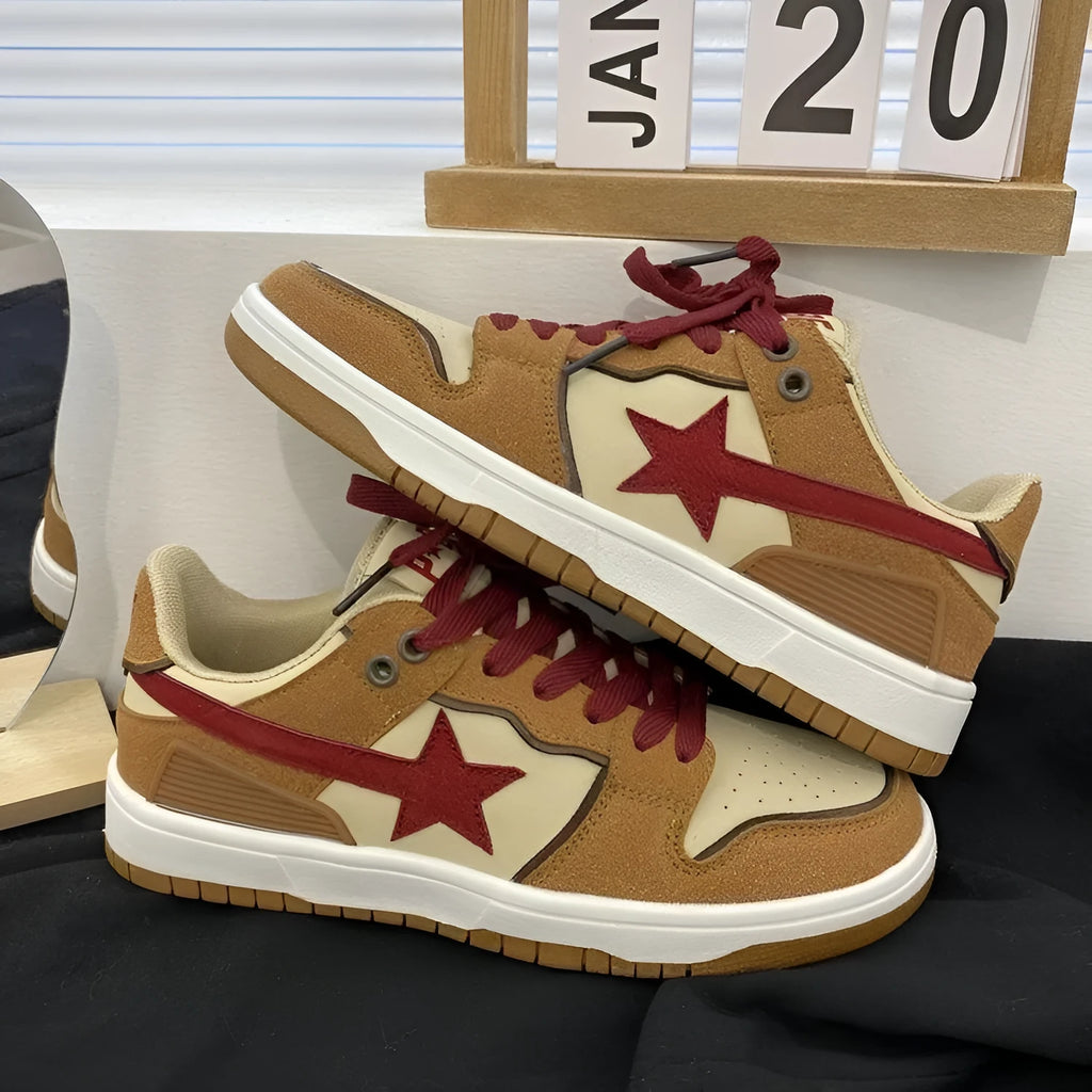 Brown women's platform sneakers with Pu leather upper, sequin details, and a lace-up front on a rubber sole.