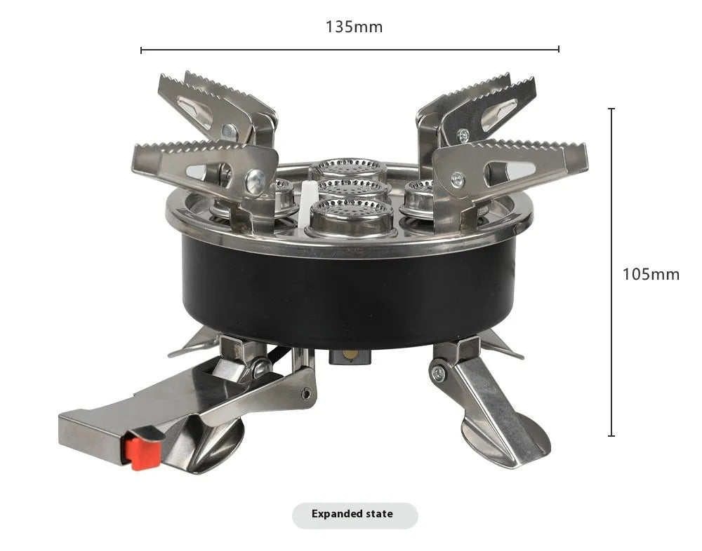 Silver foldable stainless steel split camping stove with a hose, shown with dimensions 155mm by 125mm.