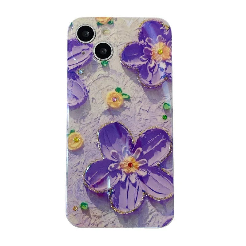 Purple soft rubber phone case with oil painting floral pattern and diamond detailing for iPhone and Huawei smartphones